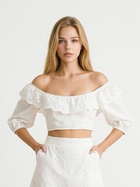 Glamorous White Eyelet Ruffle Crop Blouse | US Size 6 | Cropped | Summer